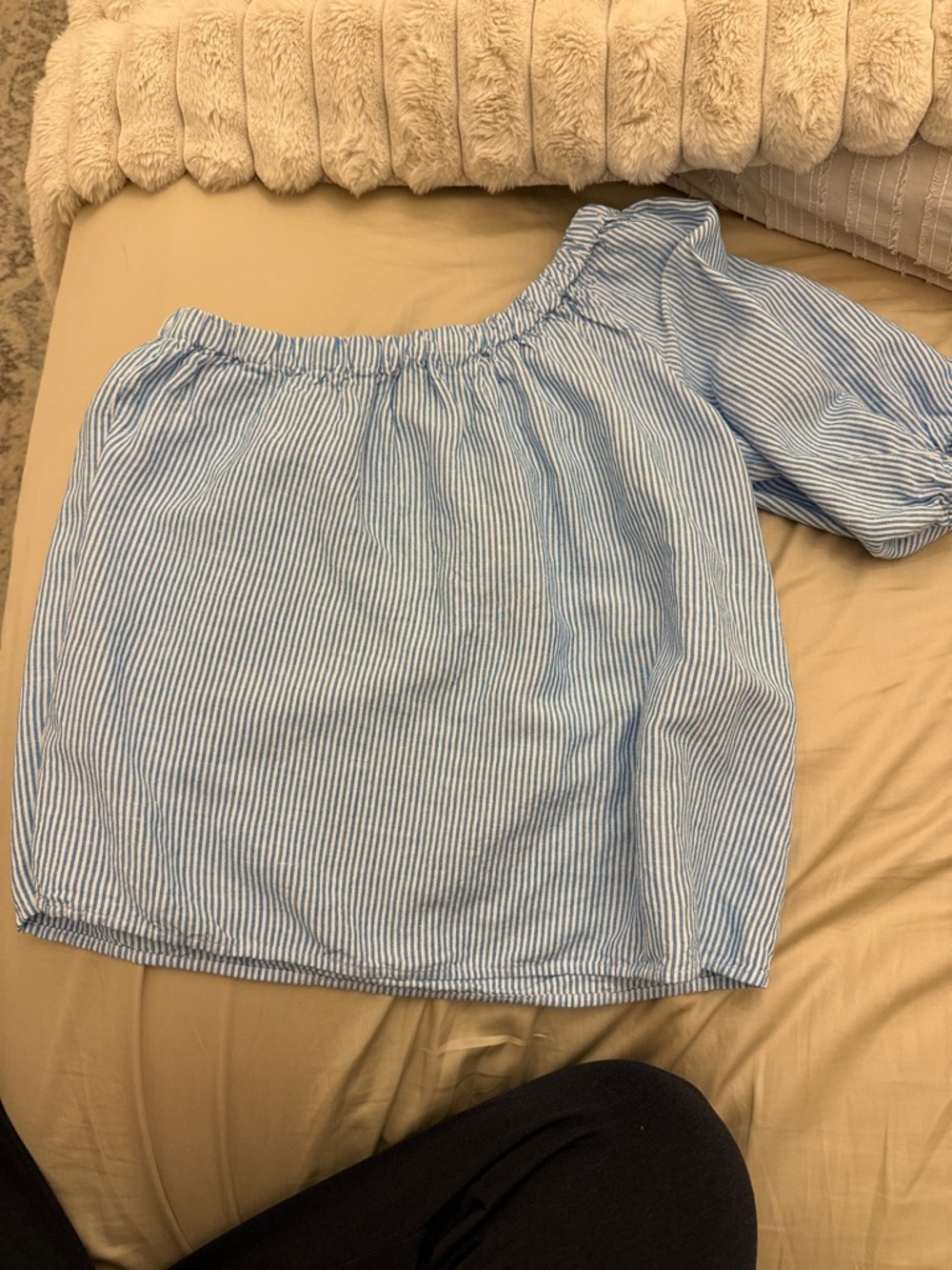 LOFT Light Blue and White Striped Off-Shoulder Blouse